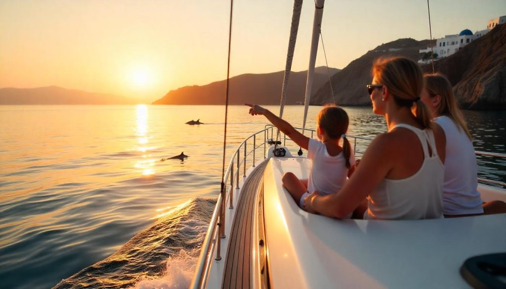 Family on a family-friendly yacht vacation sailing near Santorini with dolphins at sunrise.